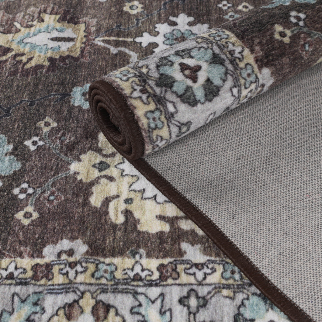 Superior Nuka Classic Floral Washable Indoor Area Rug, 10' x 14', Brown/ Grey