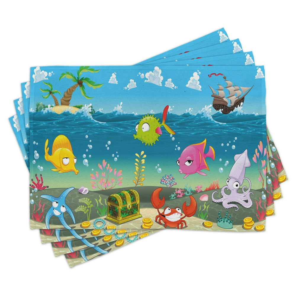 Kids Placemats Set of 4 Funny Sea Animals Underwater Ocean View with