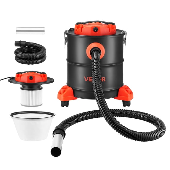 VEVOR Ash Vacuum 5.3 Gallon, 1200W Powerful Fireplace Cleaner with Casters, for Fireplace, Pellet Stove, Wood Stoves, Fire Pit, Grills, Steel Body, Double Stage Filtration, 5 FT Hose, Black & Orange