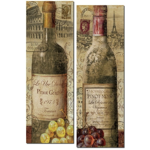 European Wines | Beautiful Paris and Rome Wine Bottle Panels by Veronique Charron; Two 8x18in Poster Prints