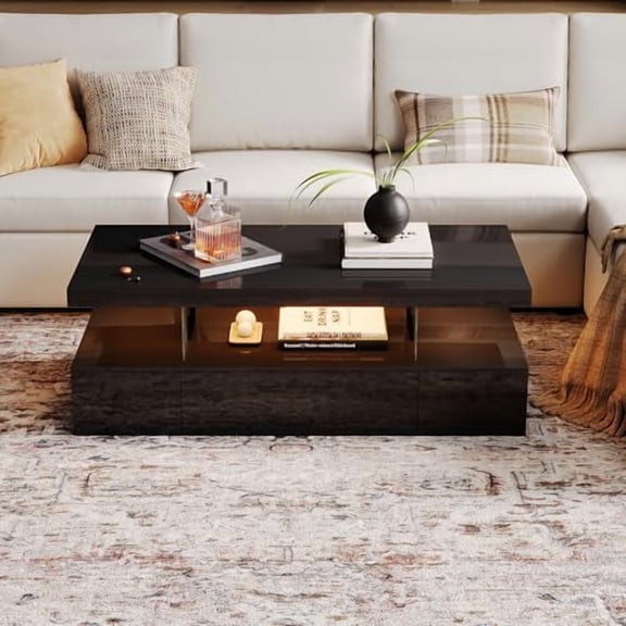ChooChoo Modern LED Coffee Table, High Glossy Coffee Table with Drawer, Black Coffee Table with Storage for Living Room, Bedroom, CT2305-BK