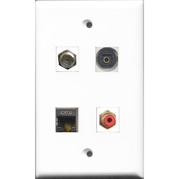 RiteAV 1 Port RCA Red and 1 Port Coax Cable TV- F-Type and 1 Port Shielded Cat6 Ethernet and 1 Port Toslink Wall Plate