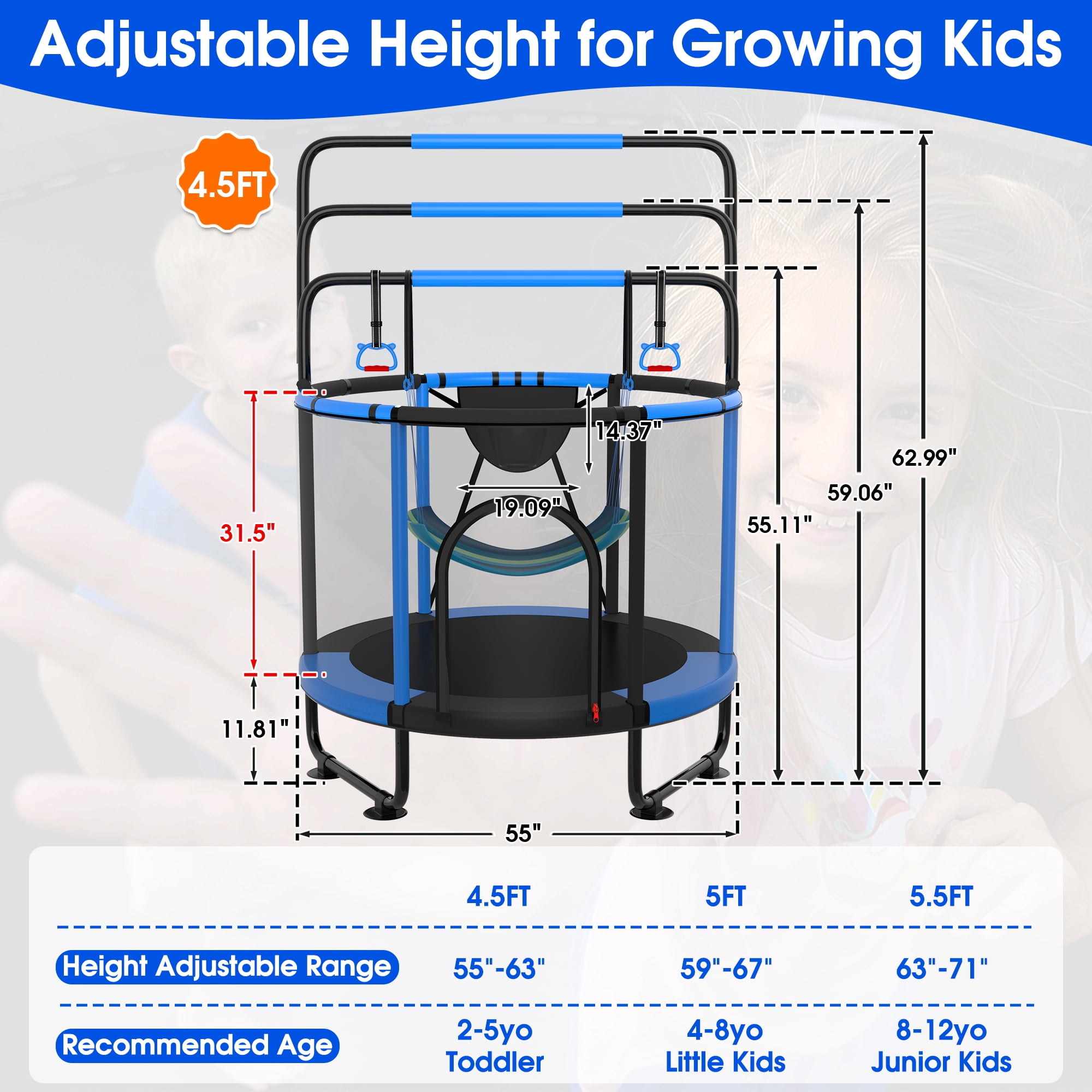 Cochan Trampoline for Kids 4.5FT 500LBS Toddler Trampoline with Enclosure Net and Handlebar, Mini Small Kids Trampoline for Age 1-6, Birthday Gift for Kids