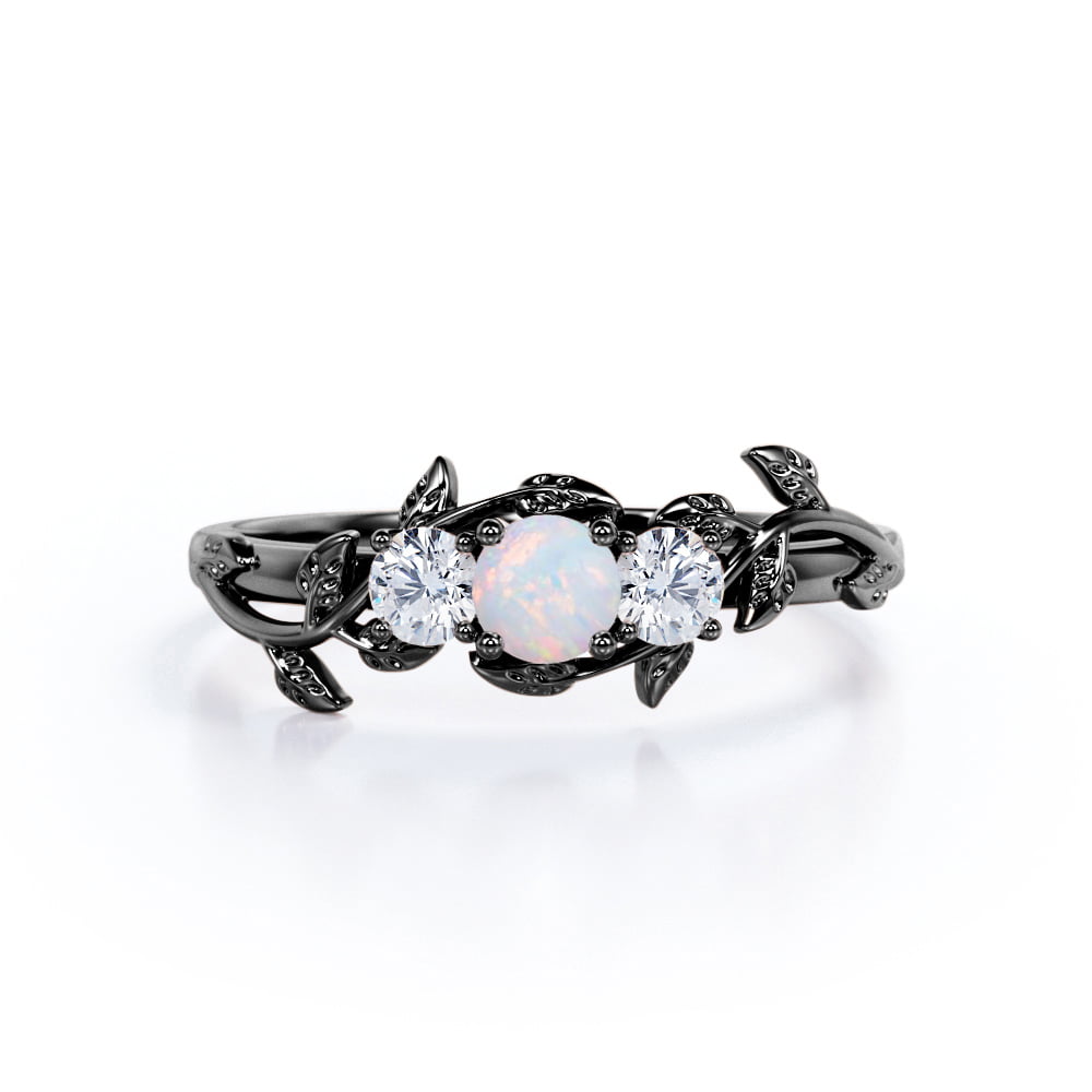 PSRINGS Rainbow Round Opal Ring Black Gold Filled Jewelry Natural Stone Wedding Rings