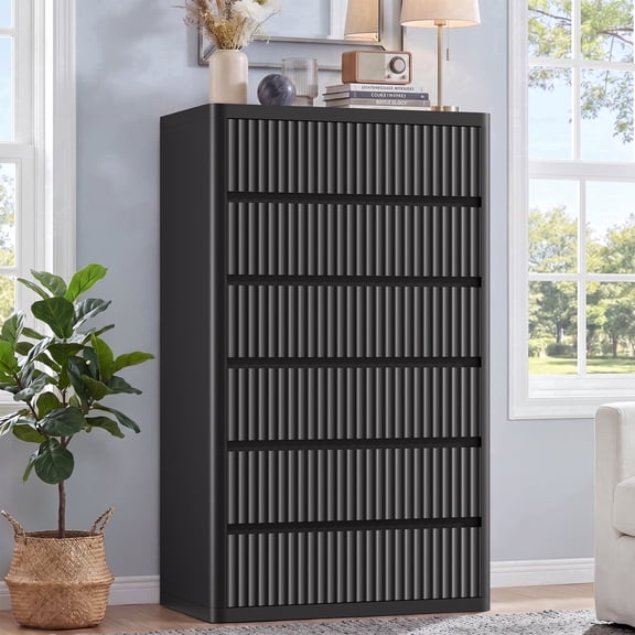 Fluted Black 6 Drawer Dresser 56 "H Modern Curved Wooden Chest of Drawers for Bedroom Storage Organization