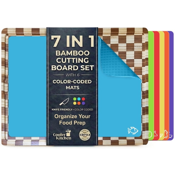 Cooler Kitchen Cutting Boards – Checkered Bamboo Board Set with 6 Color-Coded Flexible Mats, Large 17×12 Inch, Knife-Friendly, Easy Clean Wood & Dishwasher-Safe Plastic