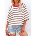 thumbnail image 5 of Yunliwuli Women Short Sleeve T-Shirts Stripe Contrast Color Round Neck Shirts Summer Casual Loose Fit Tops Streetwear, 5 of 8