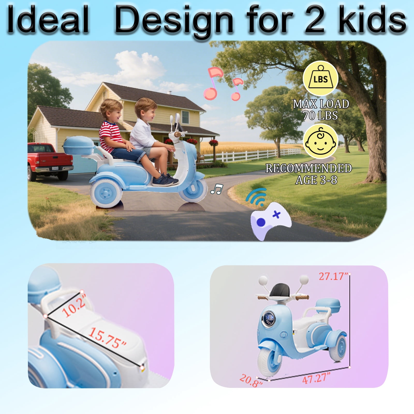 FINITO 12V 2 Seater Kids Electric Motorcycle, 3 Wheel 2WD Electric Bike with Storage Box, Bluetooth Music, LED Light Blue