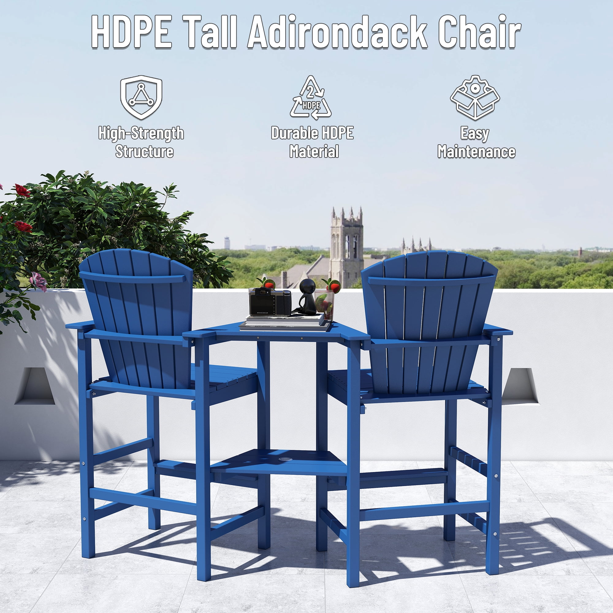 FOOWIN Tall Adirondack Chair Set of 2, HDPE All-Weather Adirondack Bar Stools with Connecting Tray, Blue