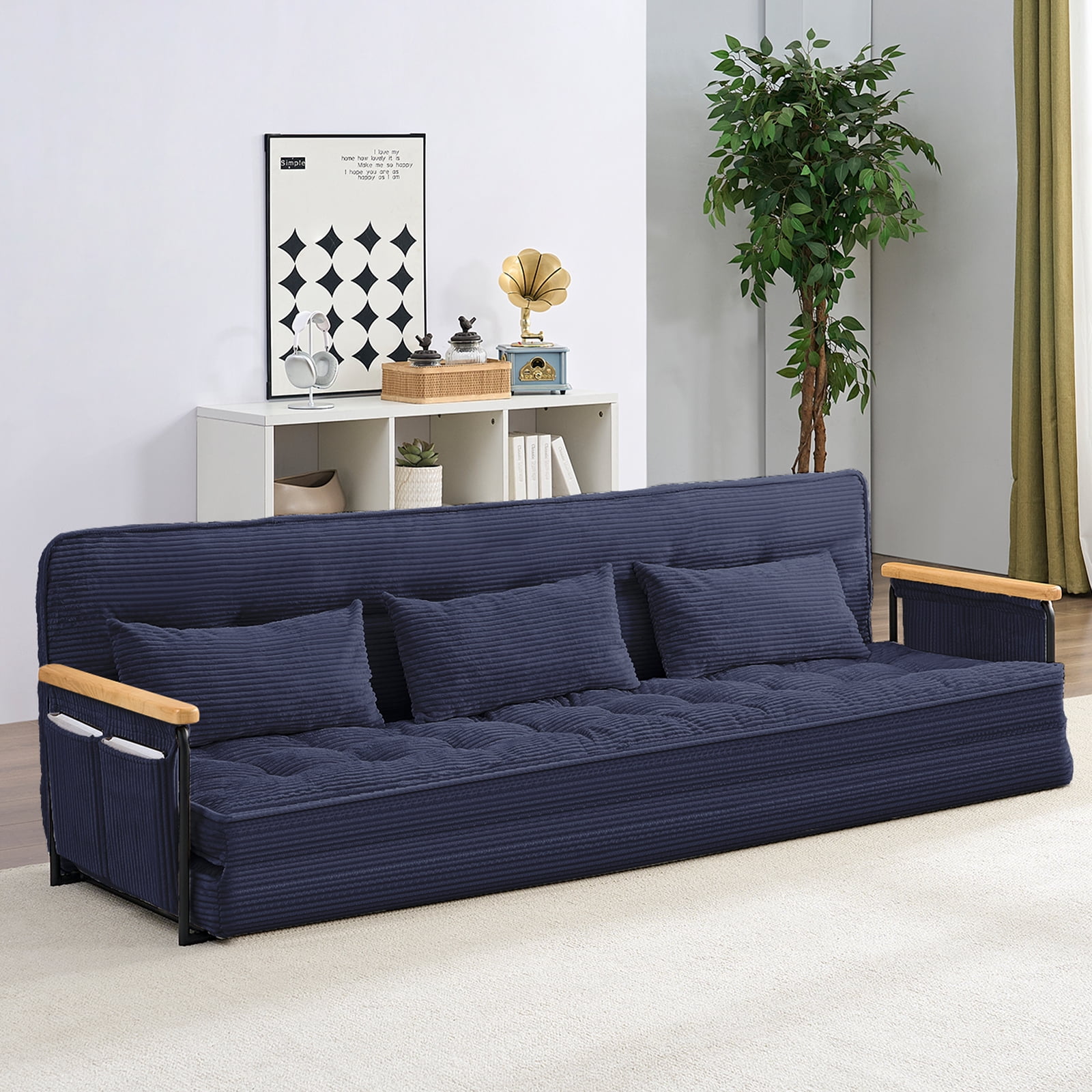 BALUS Futon Sofa Bed, 4-in-1 Corduroy Floor Couch Bed with Folding Mattress, Convertible Sleeper Sofa for Living Room, Blue