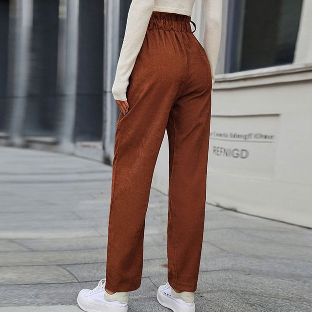 Women Button Up Pocket Corduroy Pants, Ruffle Trim Elastic Waist Long Trousers Side Pocket Pants For Daily Work