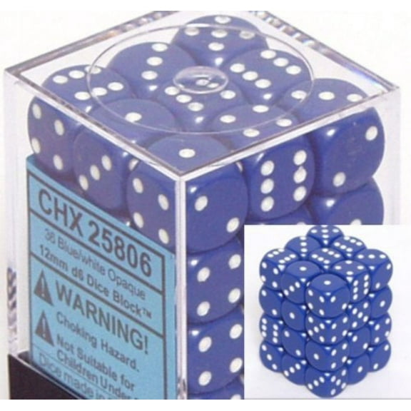 Chessex Dice d6 Sets: Opaque Blue with White - 12mm Six Sided Die (36) Block of Dice