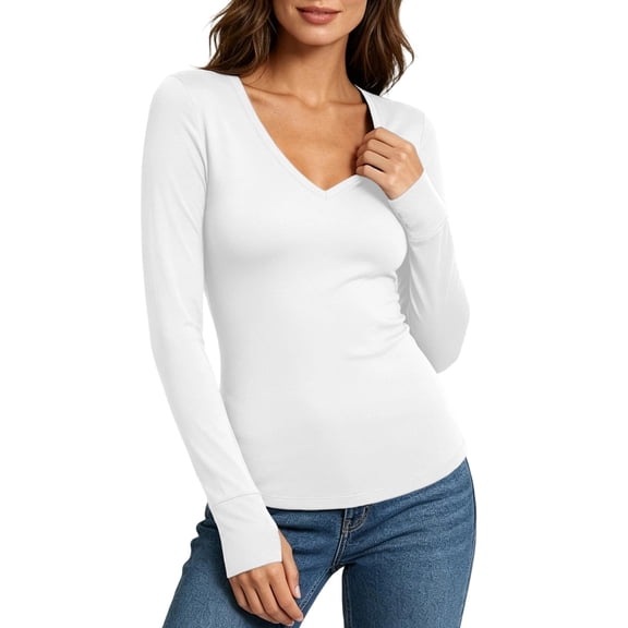 DISKEBUISS Women's V Neck Long Sleeve Fitted T-Shirt Stretchy Slim Basic Top with Thumb Holes for Daily Layering