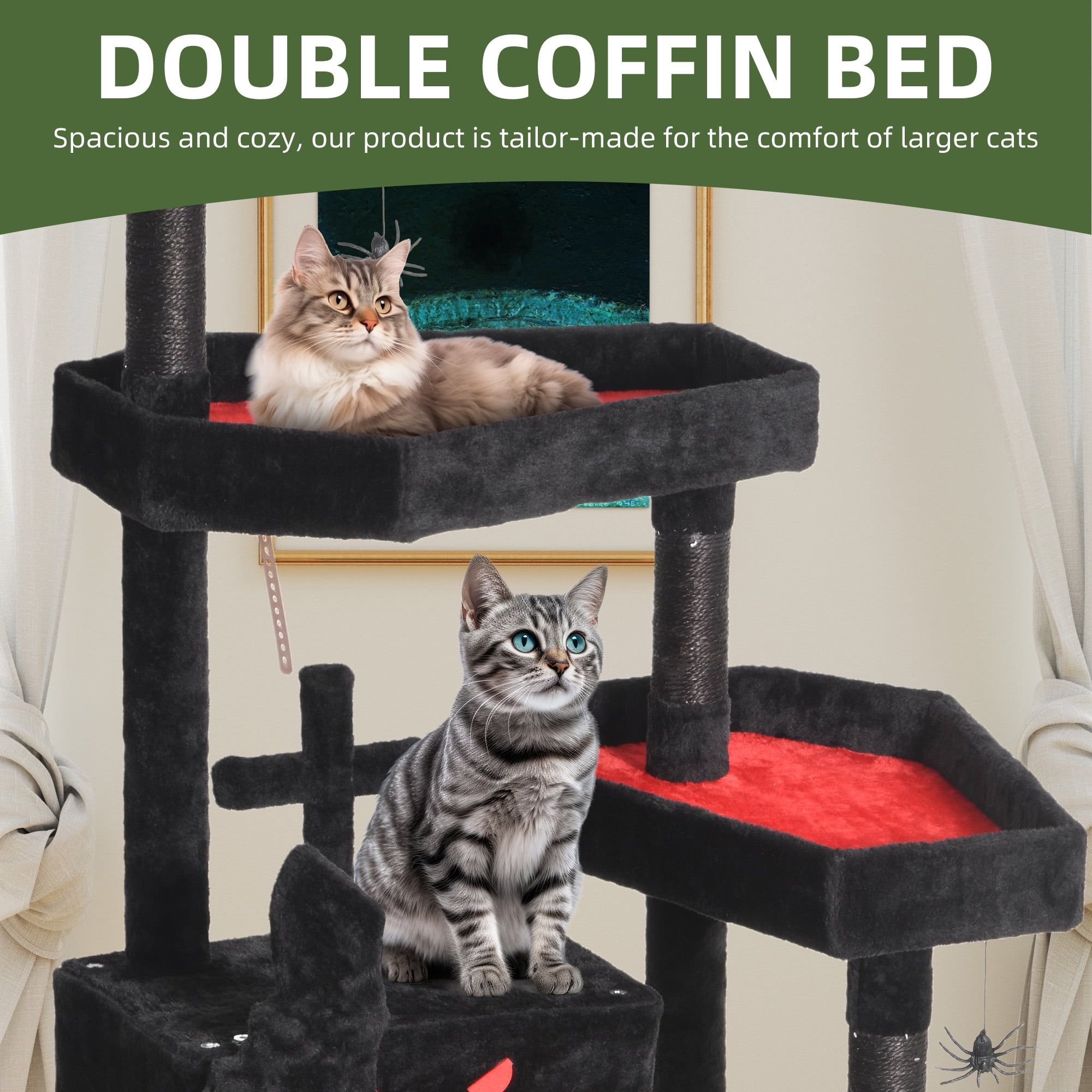 Uforic 63in Gothic Cat Tree with Coffin Bed, Tall Halloween Cat Tower for Indoor Cats with Top Perch & Sisal Scratching Posts, Black