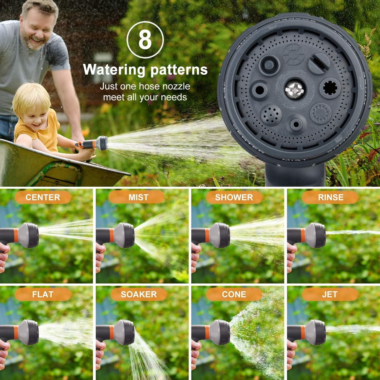 Teblint Hose Nozzles for Lawn & Garden, Heavy-Duty Multi-Function Water Hose Nozzle, 8  Spray Patterns for Watering Plants, Cleaning Cars, Showering Pets