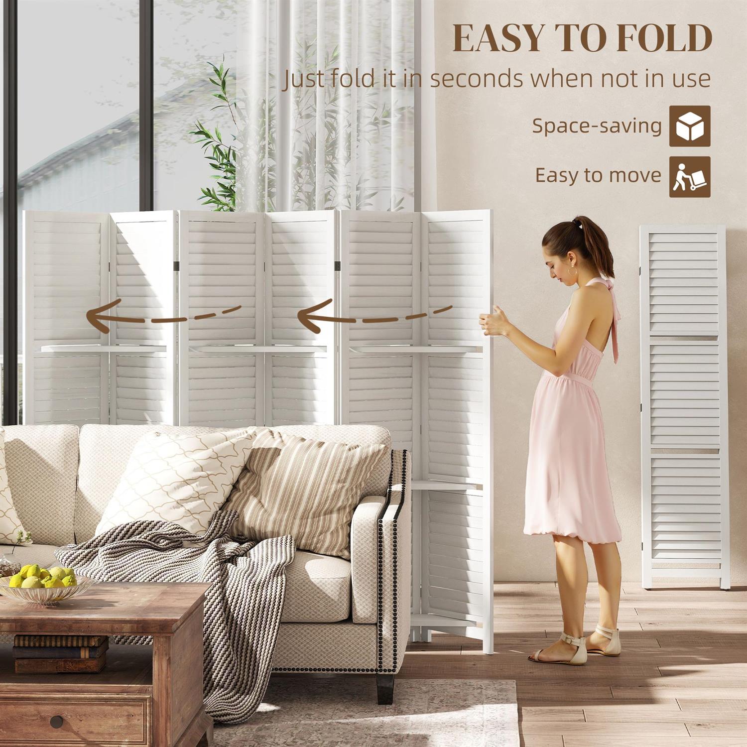 Demi Bonn 67" Tall Wood Privacy Screen Room Divider with 6 Panels, 3 Shelves, Folding Storage for Bedrooms, White