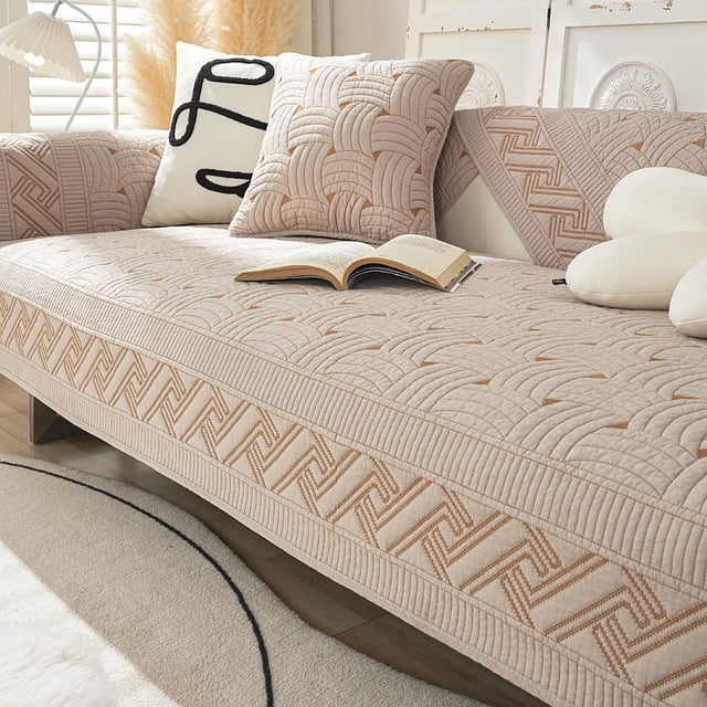Nvzi Cotton Quilted Embroidery Sectional Couch Cover Furniture Protector Cover-27.5*27.5inch,Khaki