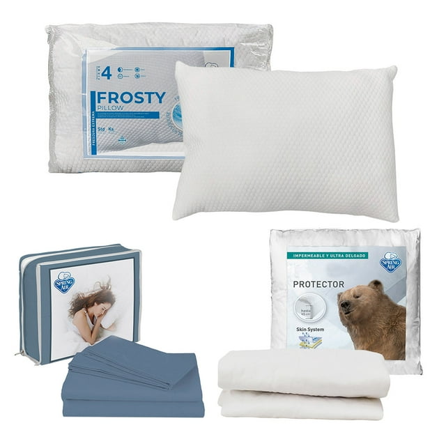 Protector de Colchón Individual + Juego de Sábanas Azul Acero + Almohada Frosty