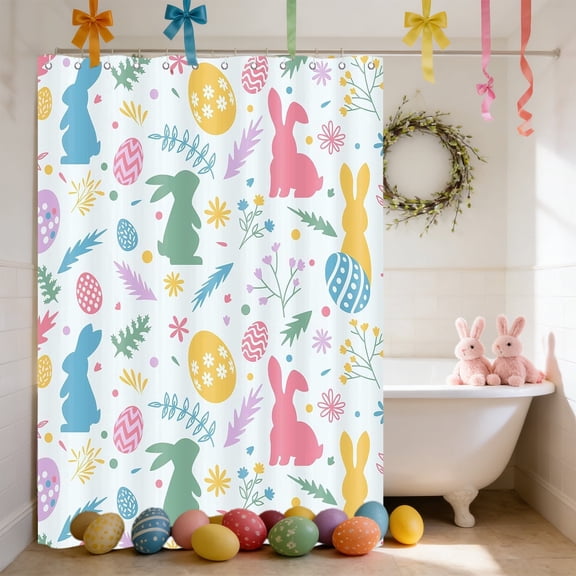 Vggrvlo Easter Shower Curtain Bathroom Spring Florals Colorful Easter Eggs Funny Bunny Decor Spring Bathroom Decor Accessory with 12 Hooks