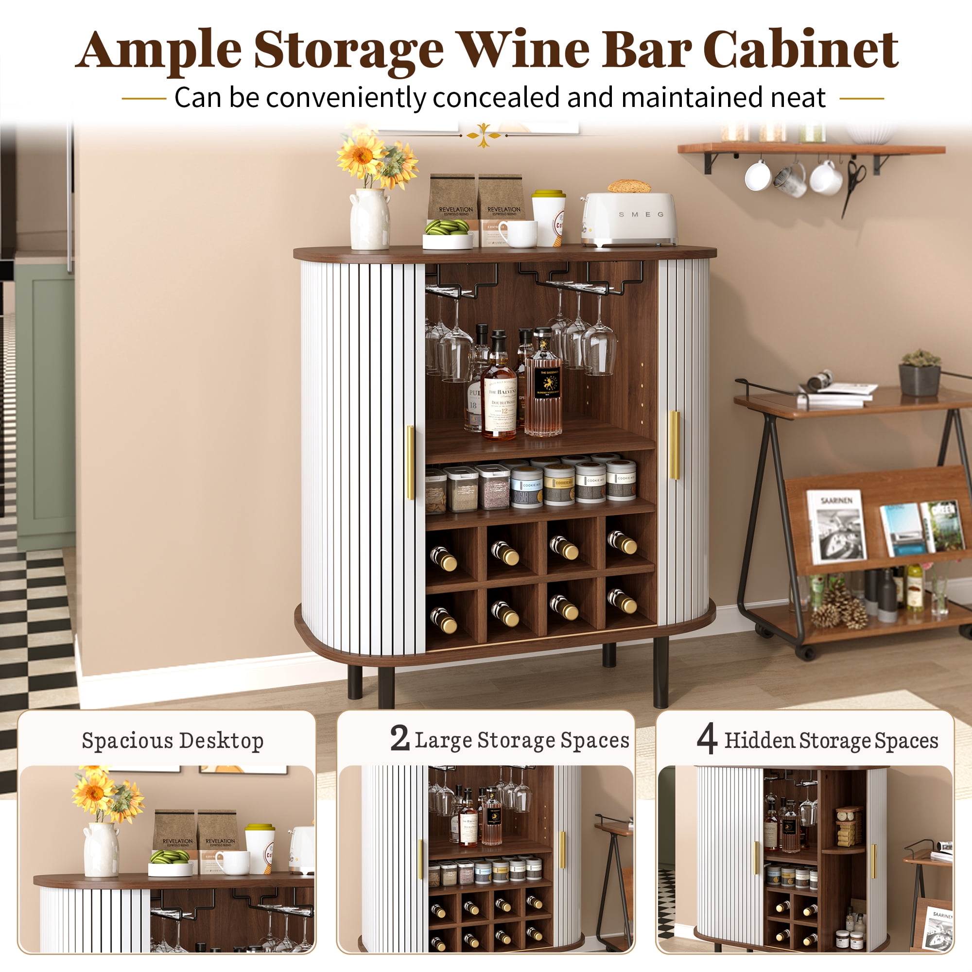 Euroco 28" Wine Bar Cabinet, Standing Liquor Cabinet with 8 Wine Racks,2 Glass Holders,Sliding Doors & Side Hidden Storage Space,Coffee Bar Cabinet with Adjustable Shelves for Kitchen Dining Room