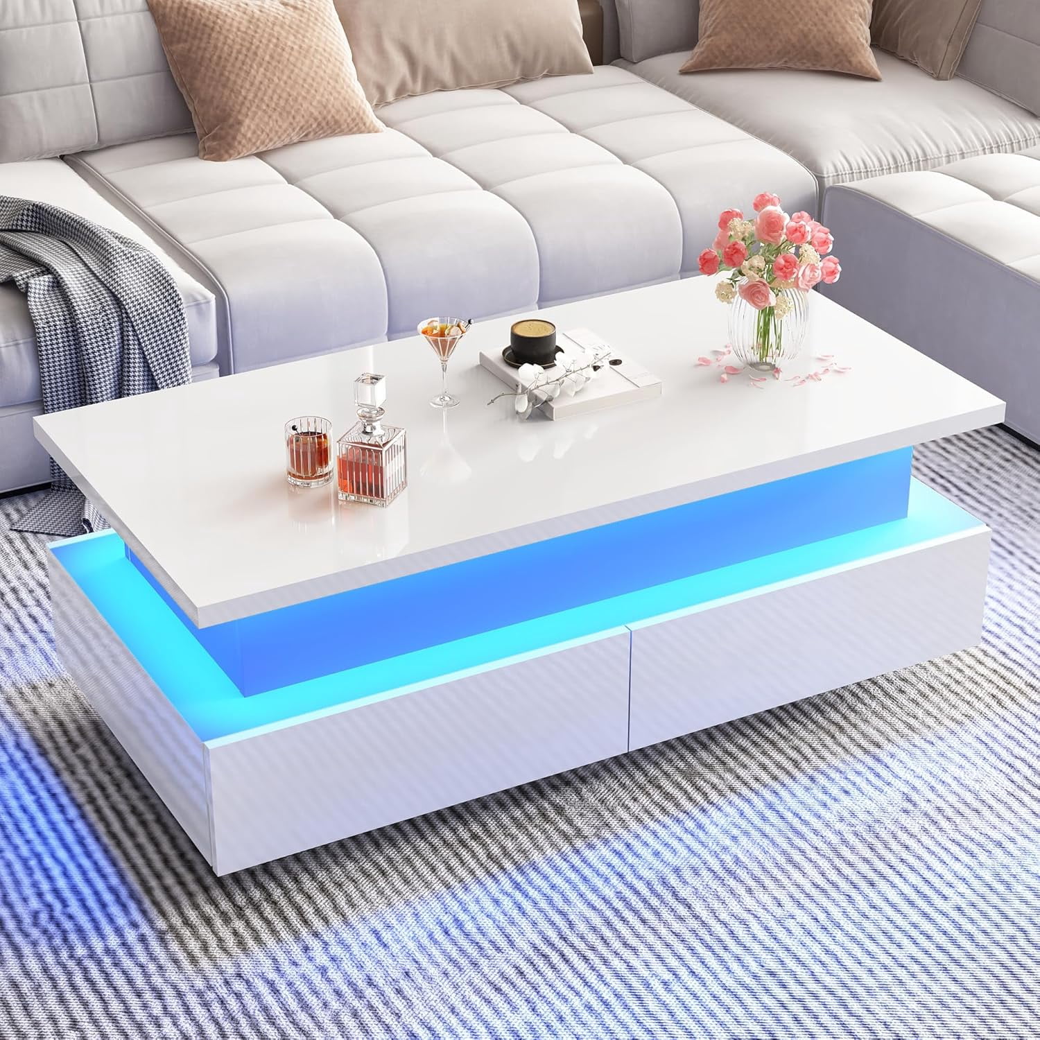 Blotout LED Lift Top Coffee Table with 2 Storage Drawer, 43.3" Modern High Glossy Coffee Tables with Led Lights and Open Display Shelf, 2-Tier Rectangle Center Table for Living Room,White