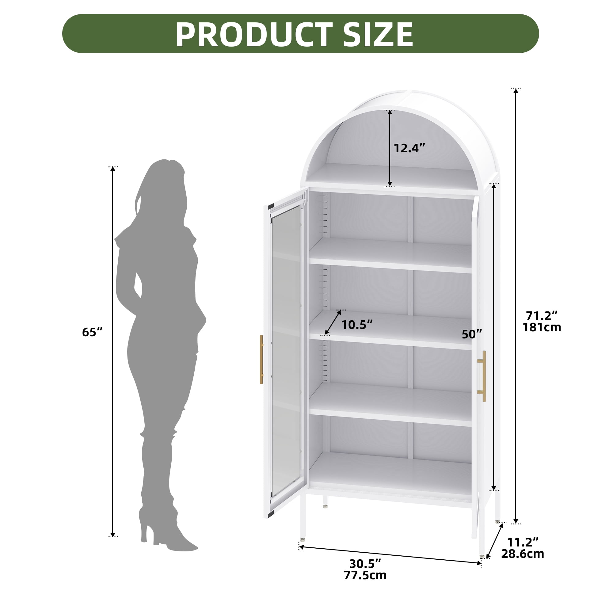 Uforic Metal Display Cabinet with LED Lights & Glass Doors, Arched Storage Cabinet, White