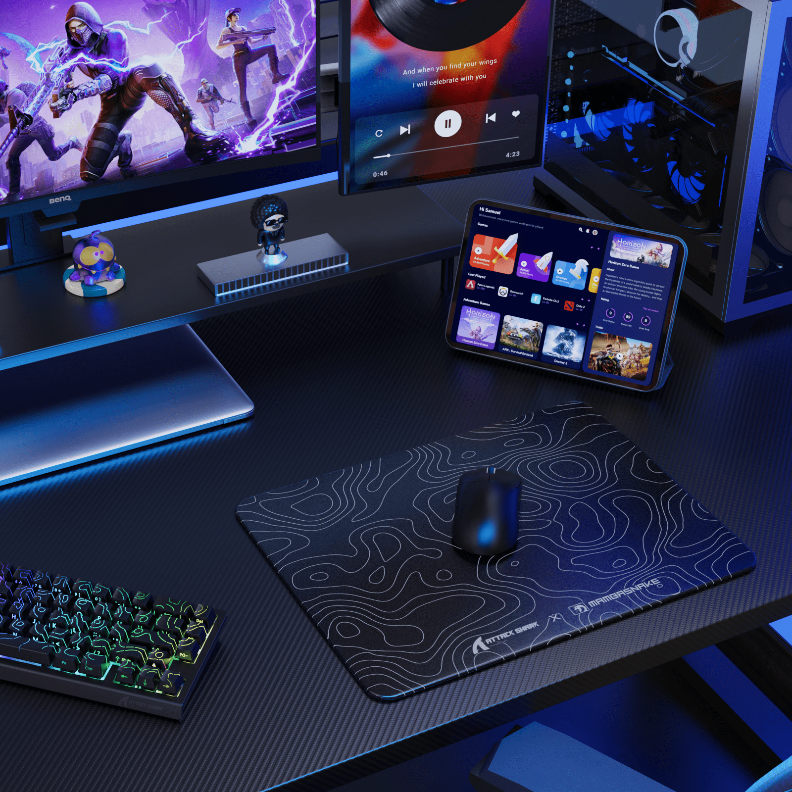 ATTACK SHARK CM05 SE Tempered Glass Mouse Pad, 16.1''×12.2'' Large Hard Gaming Mouse Pad, Nano-Etched Surface, 9H Anti-Scratch, Anti-Slip Base, Black Contours