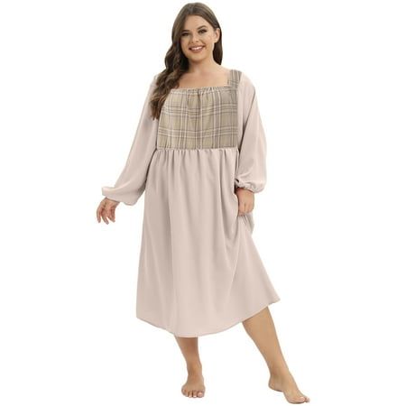 

Women s Plus Size Nightgown Long Sleeve Square Neck Nightdress Lattice Stitching Nightshirt Sleep Dress Over Knee-Length Loose Oversized Sleepwear Loungewear XL-4XL