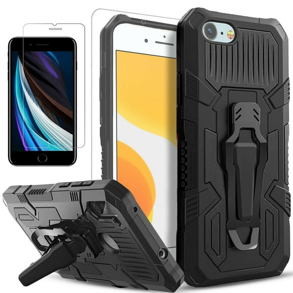 iPhone 7 Plus Case, Dual Layers [Combo Holster] And Built-In Kickstand Bundled with [Temerped Glass Screen Protector] Hybird Shockproof (Black)