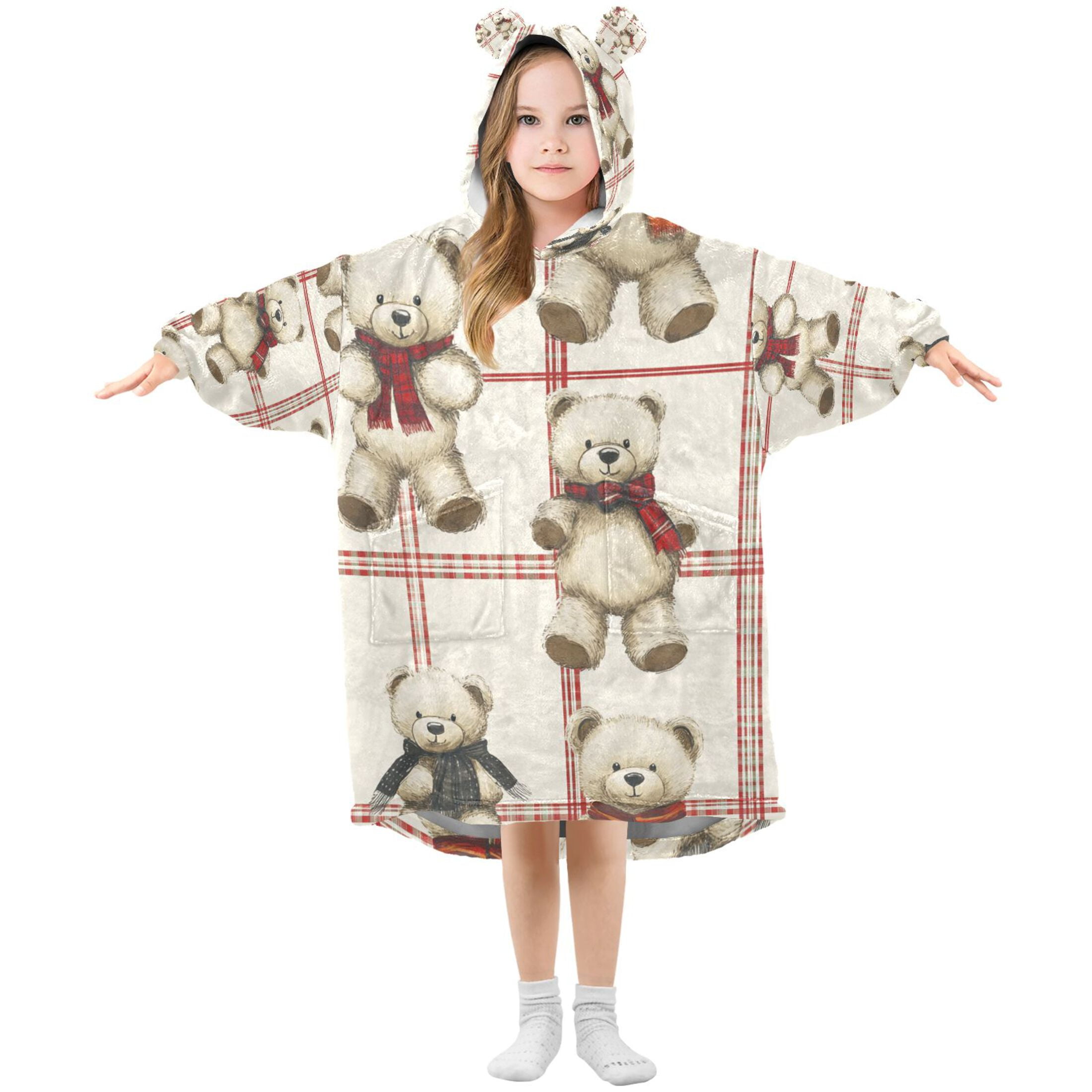 YAZAOO Kids Wearable Blanket Hoodie Warm and Cozy Bear Hugs and Checkered Love Flannel Sweatshirt