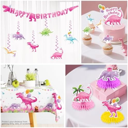 181pcs Pink Dinosaur Birthday Decorations Tableware Set, Watercolor Party Supplies with Banner Plates Cups Tablecloth for Girls Dinosaur Birthday Decorations, Serve 25