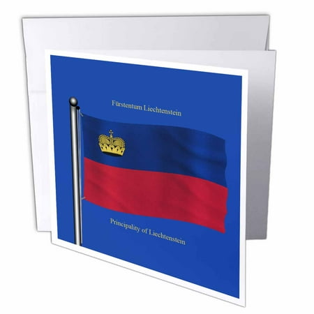 3dRose Flag of Liechtenstein on blue background with Principality of Liechtenstein in English and German, Greeting Cards, 6 x 6 inches, set of 12