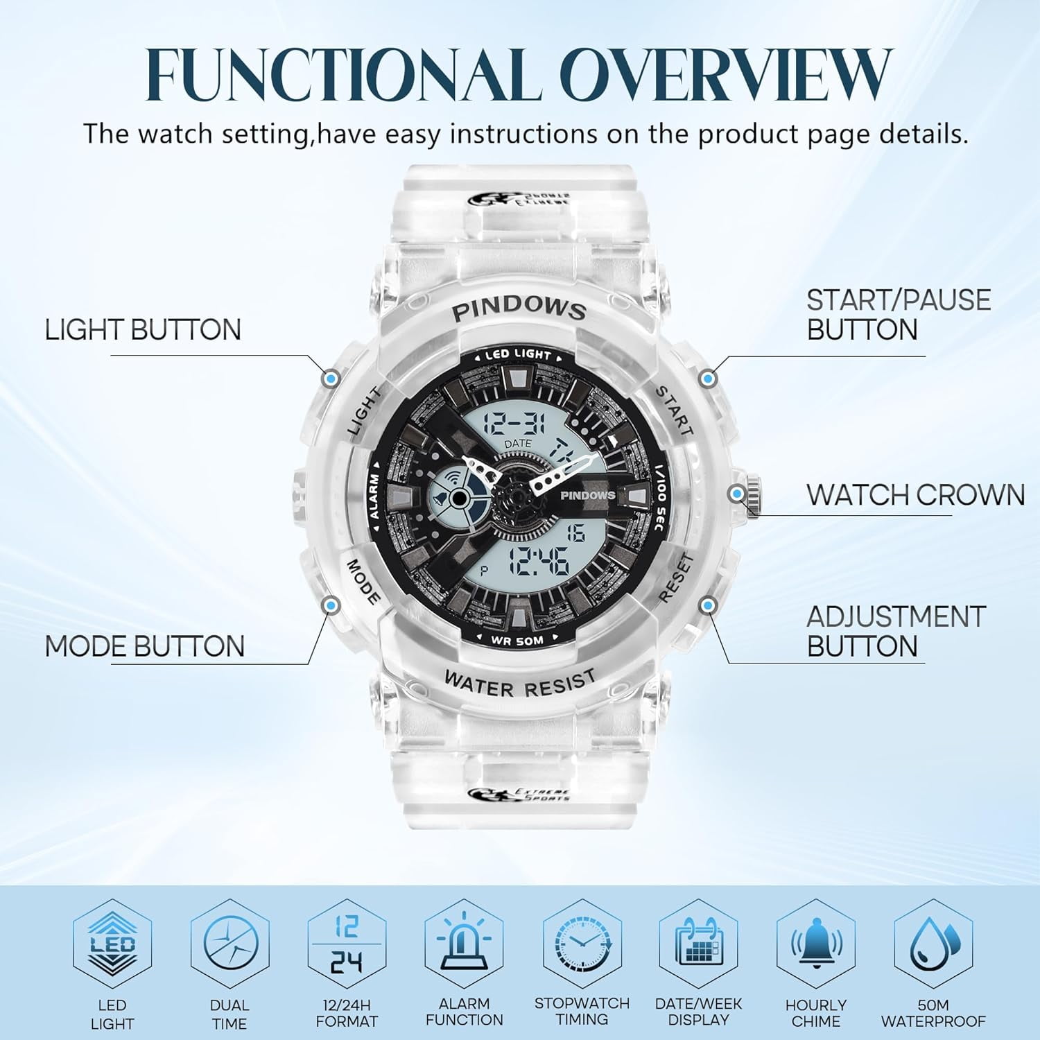 Women Watch for Women Teenagers Watch Outdoor Waterproof Digital Sports Analog Watches for Ladies Students with Stopwatch Alarm Countdown Dual Display 7 Color LED Backlight