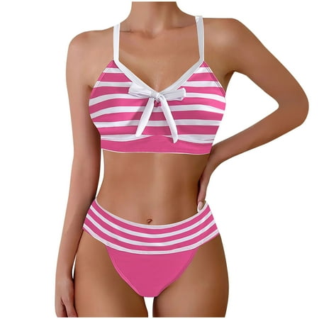 Arnsht Women s High Waisted Bikini Sets Striped Color Block Two Piece Swimsuit Scoop Neck Strap Crop Top Cheeky Bathing Suits Hot Pink S