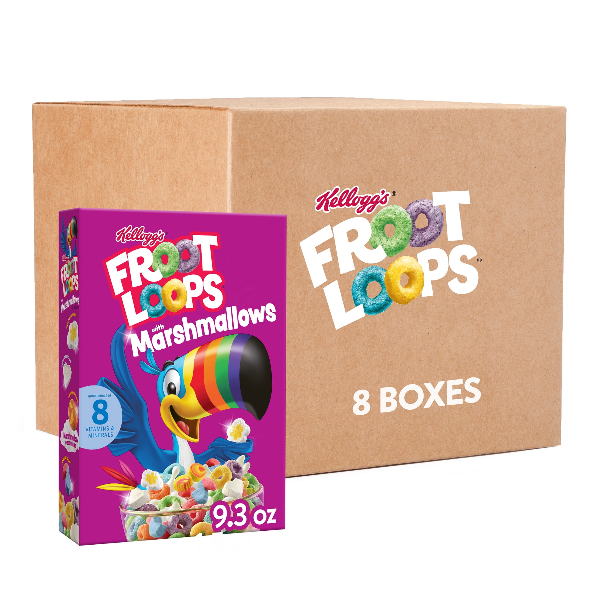 (8 pack) Kellogg's Froot Loops Original with Marshmallows Breakfast Cereal, 12g Whole Grains, 9.3 oz