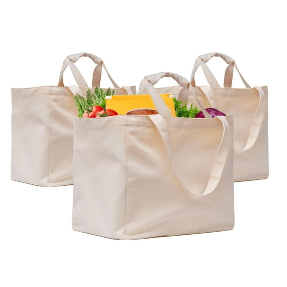 Canvas Grocery Bag 3pc XL Set with Real Pockets, Long Shoulder Strap and Short Handle, Canvas Tote Bags Heavy Duty, Foldable, Washable