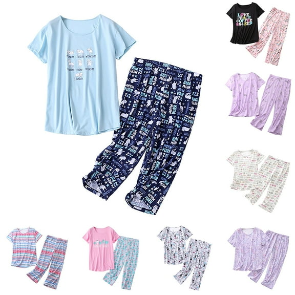 Cotton Pajama Set Two Piece Summer Sleepwear V Neck Short Sleeve Top with Capri Pants