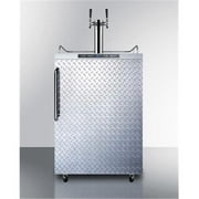 Freestanding residential outdoor beer dispenser, auto defrost with digital thermostat, stainless steel wrapped cabinet, diamond plate door, towel bar handle, and dual tap system