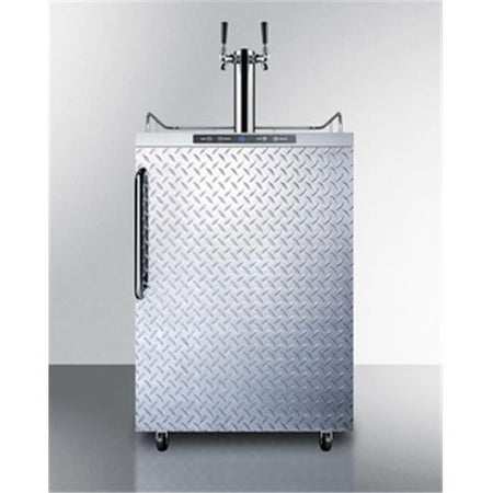 Freestanding residential outdoor beer dispenser, auto defrost with digital thermostat, stainless steel wrapped cabinet, diamond plate door, towel bar handle, and dual tap system
