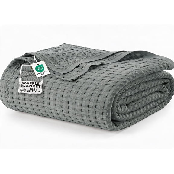 Cotton Waffle Weave Blanket Queen Size Cool Grey 90x90 Inch Lightweight Breathable