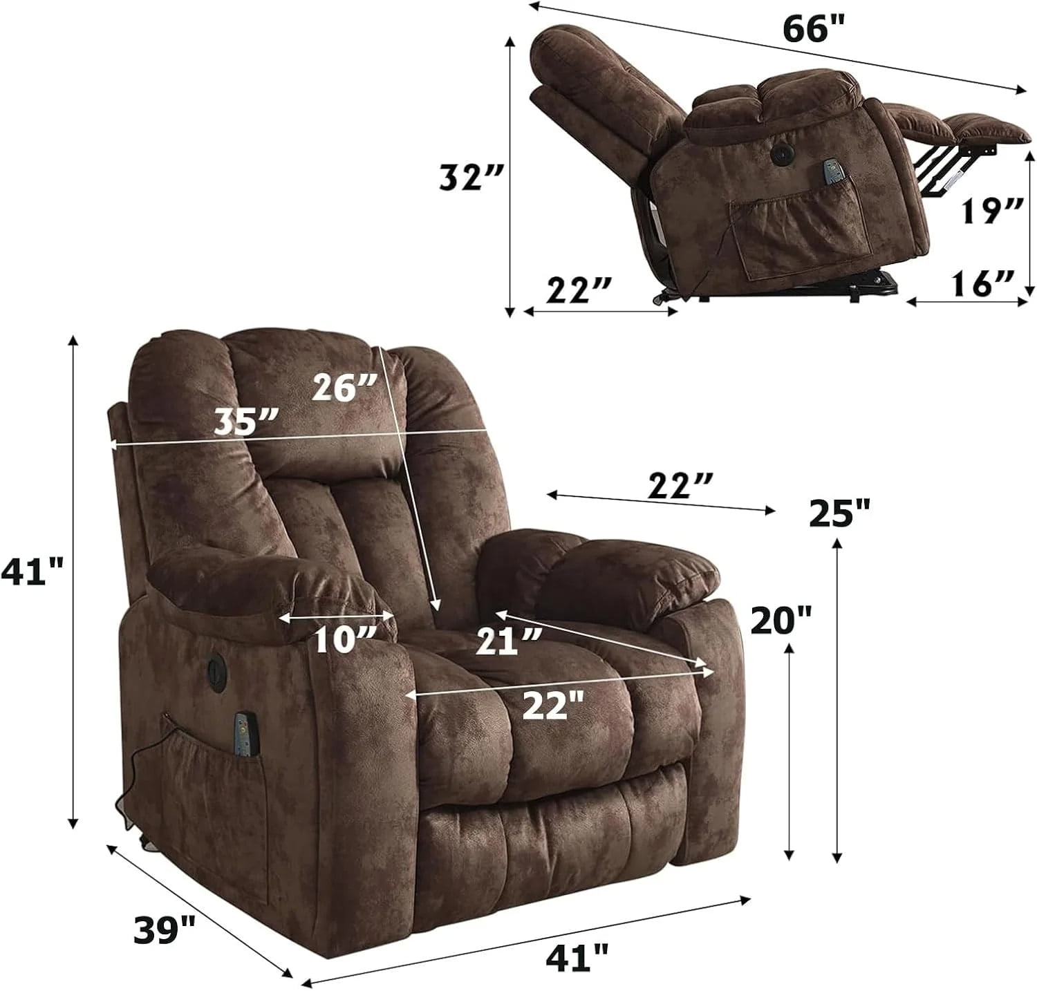 Ebello Large Power Lift Recliner Chair with Heat Massage, USB Ports - Ergonomic Recliner Chair for Elderly, Dark Brown