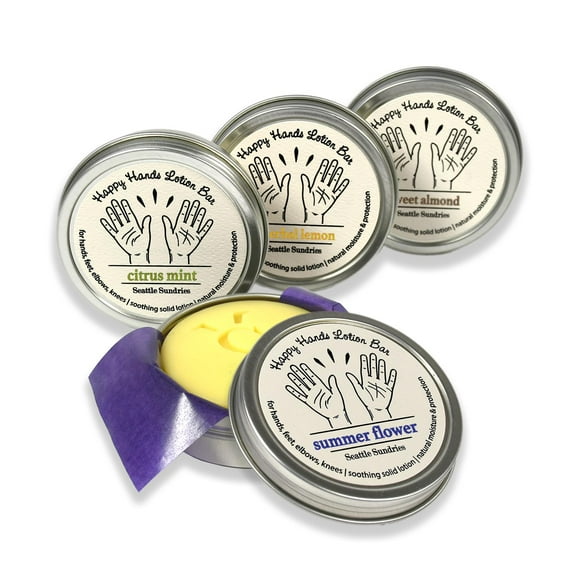Seattle Sundries Natural Lotion Bar Sampler with Beeswax & Shea Butter, Gift Set for Women & Men. 4x (1.15oz) Solid Lotions in Travel Tins, Portable & Concentrated Pack Bundle Set