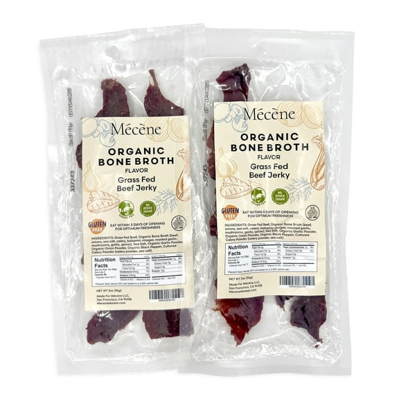 Organic Bone Broth Beef Jerky – Grass-Fed, Zero Sugar, Low Calorie, High Protein, Tough to Chew – 2 oz (Pack of 2)