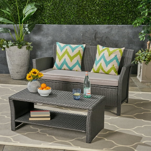 Noble House St. Lucia 2-Piece Wicker / Rattan Outdoor Sofa Set in Gray/Silver
