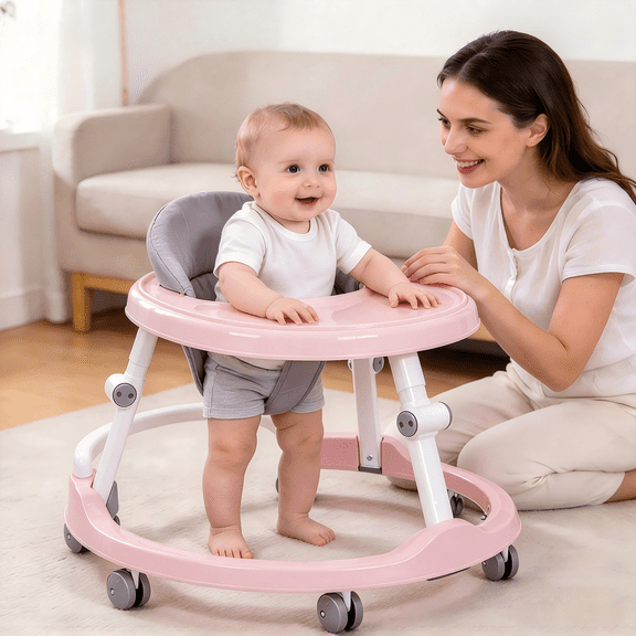 Foldable Baby Walker with Activity Tray, Learning Walker, Lightweight Anti-Slip Infant Walker for 6 Months Babies, Compact Space-Saving Design, Supports Up to 26 lbs,Pink