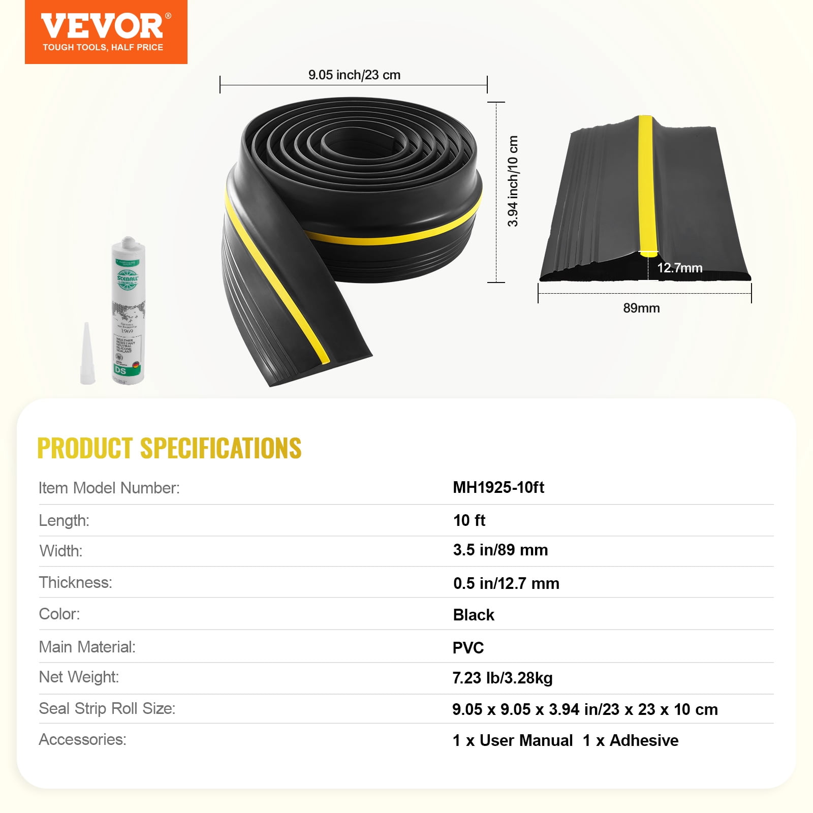 VEVOR Garage Door Threshold Seal Strip, 10 FT Universal Garage Door Floor Seal Strip with Adhesive, Garage Door Bottom Weatherproof Strip, Upgraded Thick PVC DIY Weather Stripping Replacement, Black