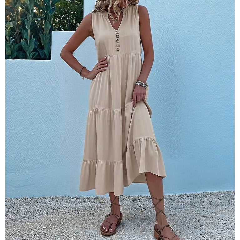 Gdvsclr Summer Flowy Maxi Dress with Pockets Sleeveless Loose Casual Sundress V-Neck Tiered Sun Dress for Beach Cruise Vacations Khaki M Gdvsclr Summer Flowy Maxi Dress with Pockets Sleeveless Loose Casual Sundress V-Neck Tiered Sun Dress for Beach Cruise Vacations Khaki M