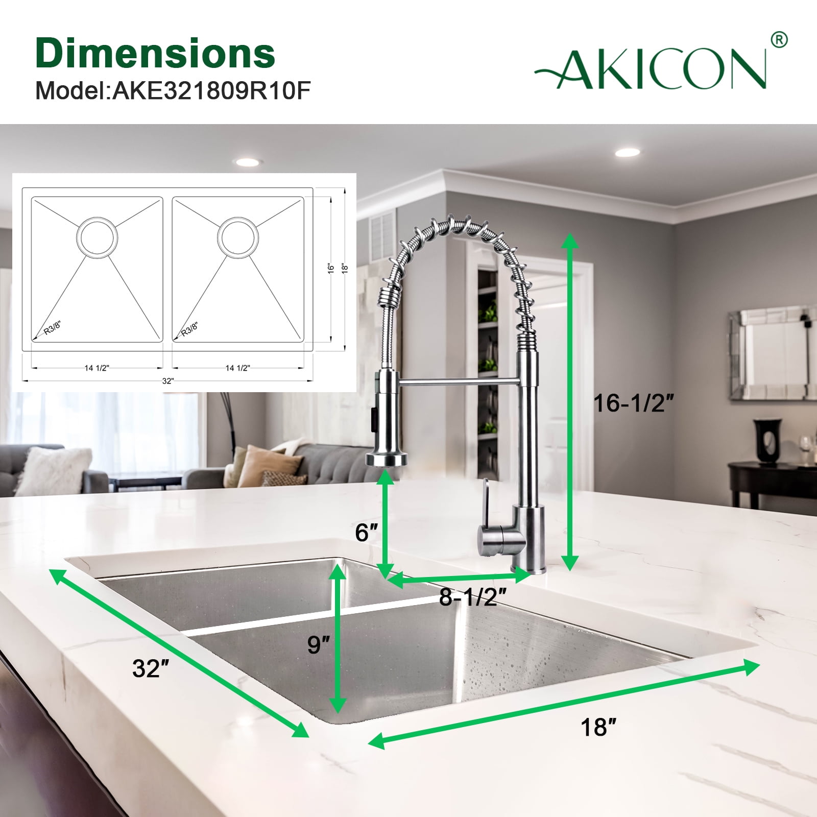 32" Undermount 50/50 Double Bowl Kitchen Sink and Pull-down Faucet Combo with Drain Assembly with Strainer, Protective Bottom Grid, All in One
