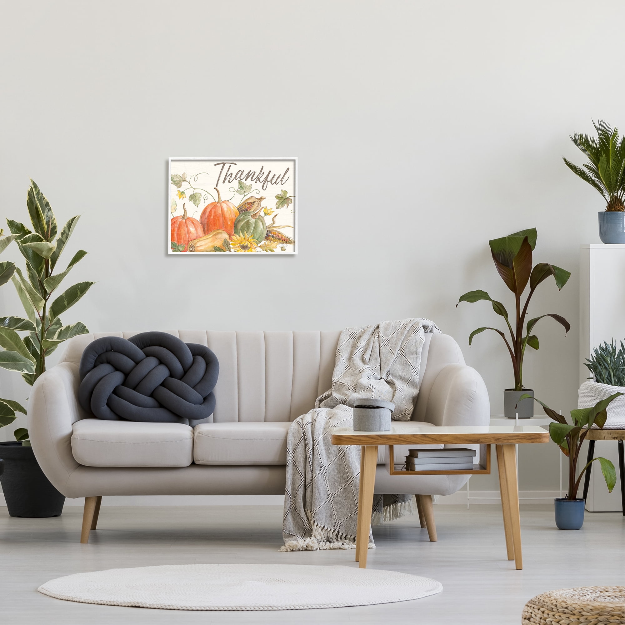 Stupell Industries Thankful Sentiment Autumn Pumpkin Corn Harvest Food & Beverage Painting White Framed Art Print Wall Art, 16 x 20