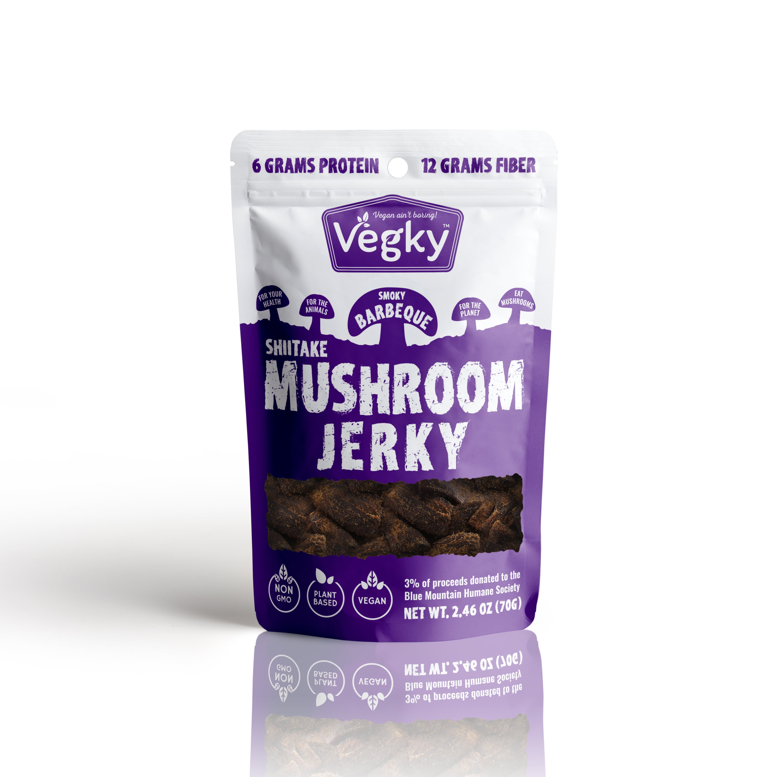 VEGKY Vegan Shiitake Mushroom Jerky BBQ 70 Grams 2.46 oz Non-GMO Vegetarian Meatless Snack